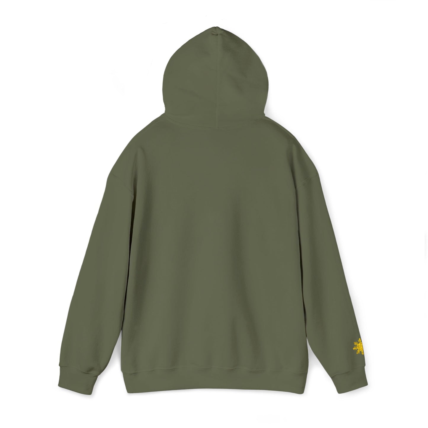 Philippines Graphic Hoodie — Minimal White Text with Gold Sun Sleeve Accent
