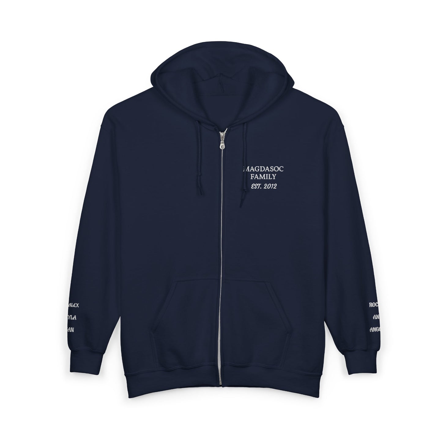 Embroidered Zip Hoodie - Personalized Ready, Designs in front, left and right wrist, and back  (Magdasoc Family with website at the back)