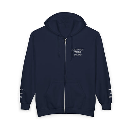 Embroidered Zip Hoodie - Personalized Ready, Designs in front, left and right wrist, and back  (Magdasoc Family with website at the back)