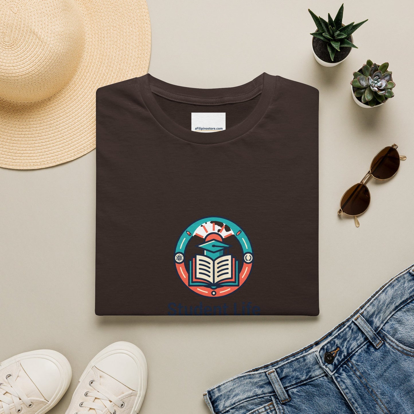 Student Life T-Shirt — Campus Book & Sunrise Design