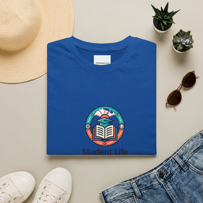 Student Life T-Shirt — Campus Book & Sunrise Design