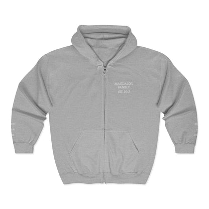 Embroidered Zip Hoodie - Personalized Ready, Designs in front, left and right wrist, and back  (Magdasoc Family with website at the back)