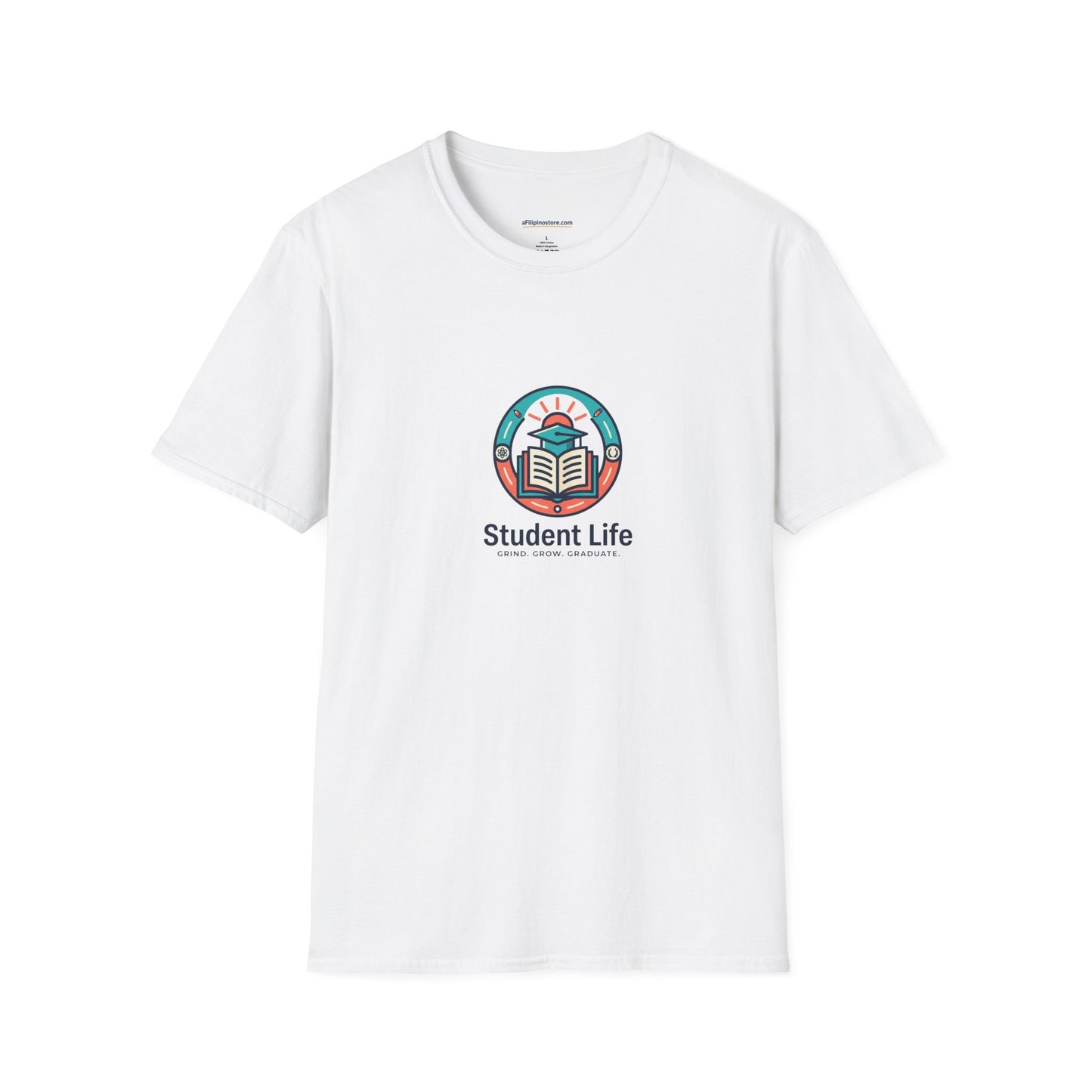 Student Life T-Shirt — Campus Book & Sunrise Design