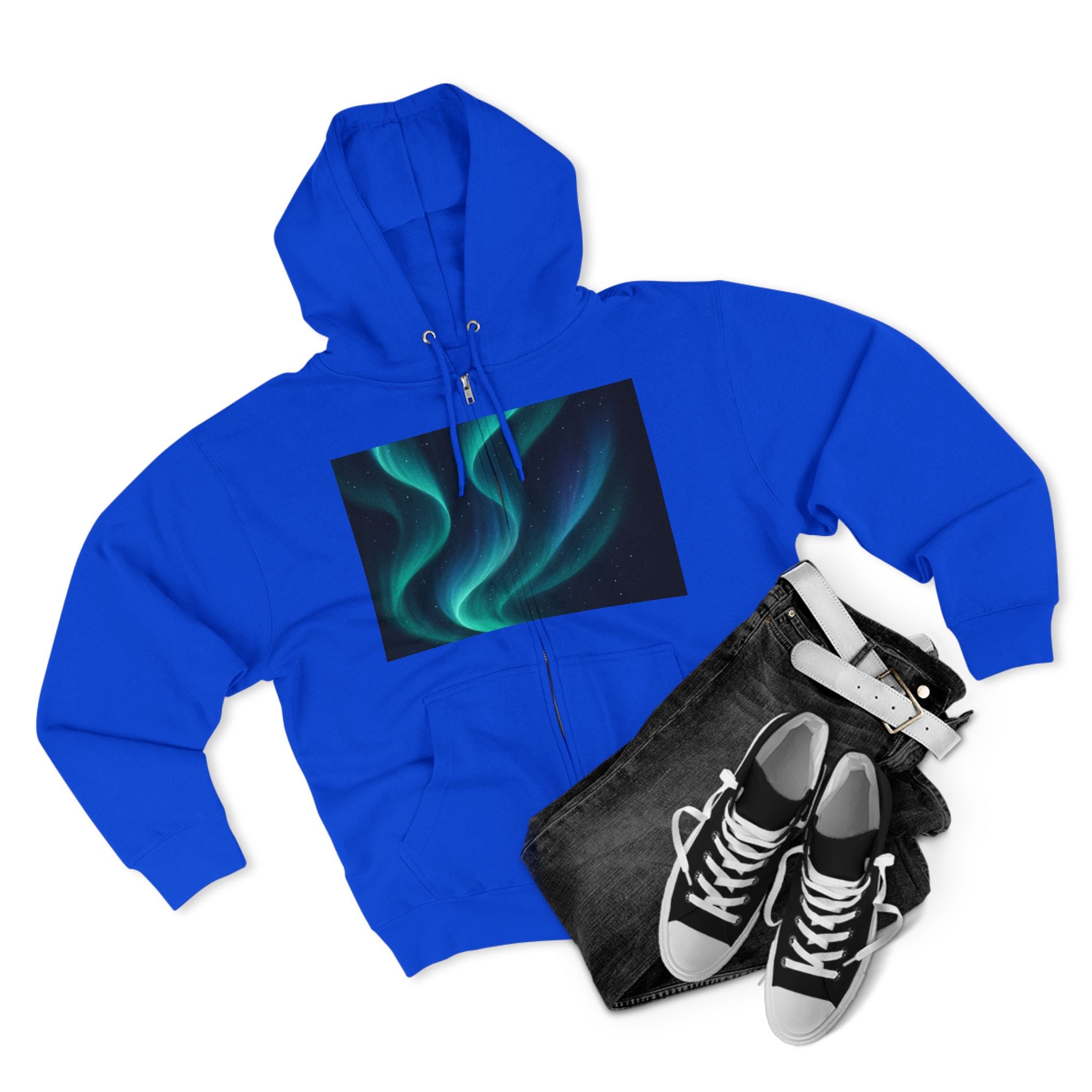 Aurora Wave Zip Hoodie — Northern Lights Abstract Graphic Hoodie