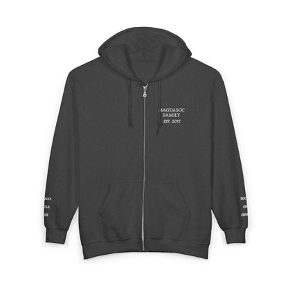 Embroidered Zip Hoodie - Personalized Ready, Designs in front, left and right wrist, and back  (Magdasoc Family with website at the back)