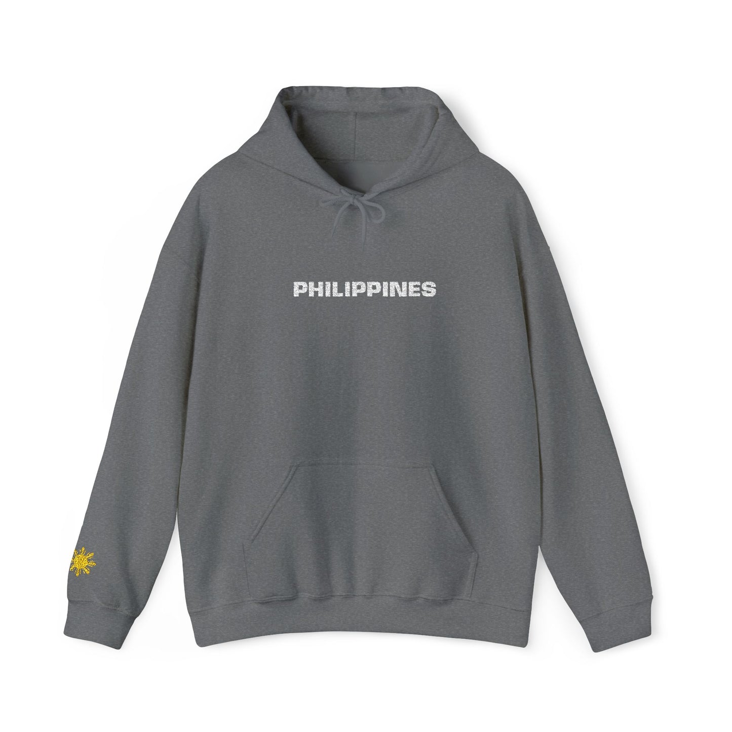 Philippines Graphic Hoodie — Minimal White Text with Gold Sun Sleeve Accent