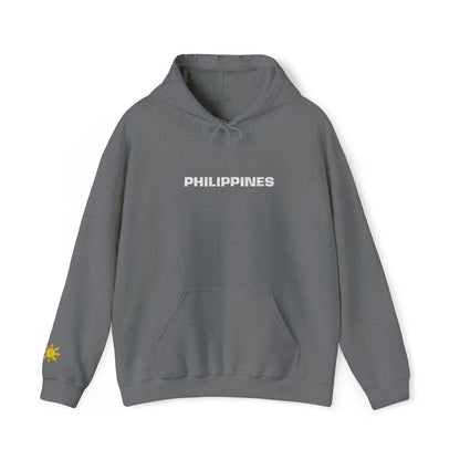 Philippines Graphic Hoodie — Minimal White Text with Gold Sun Sleeve Accent