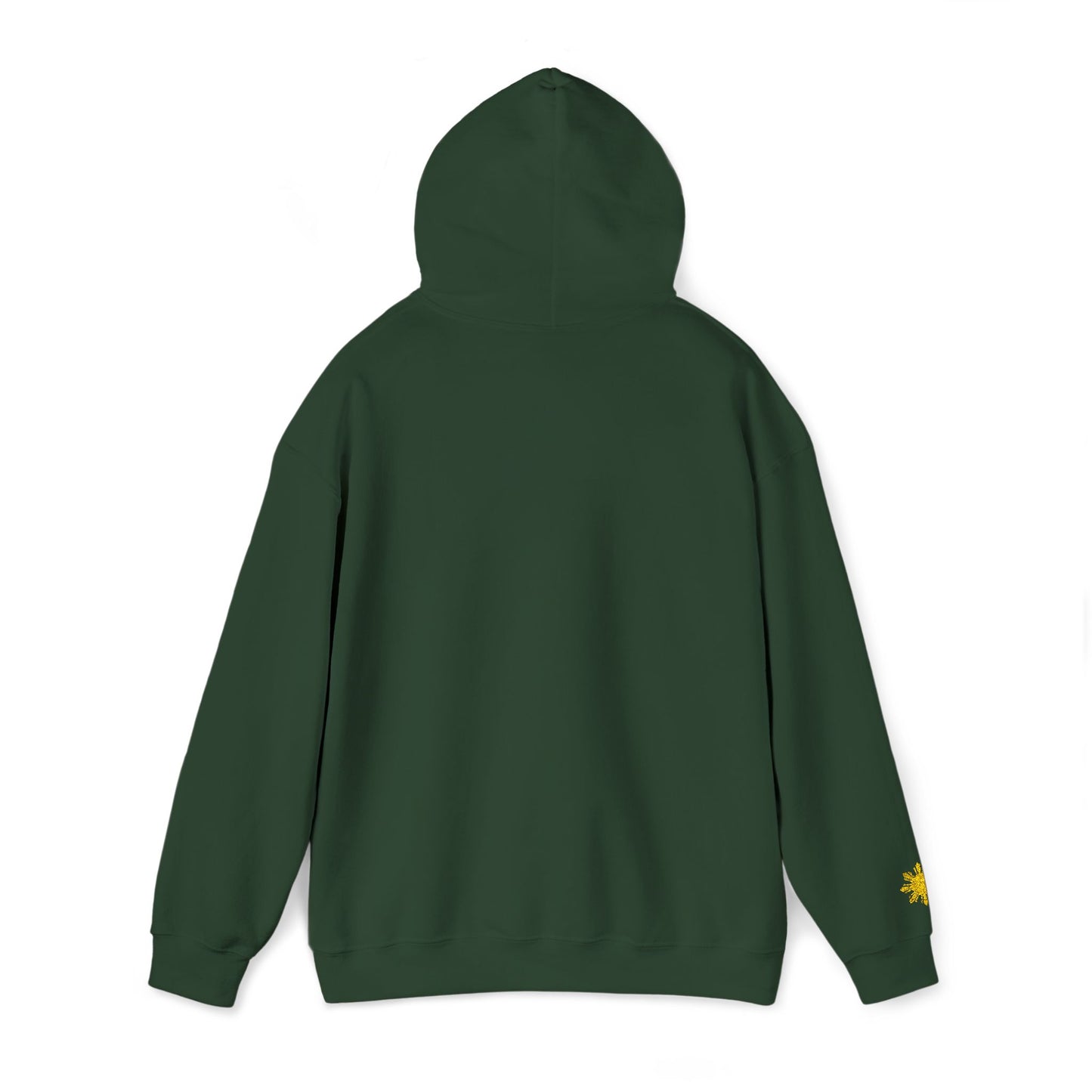 Philippines Graphic Hoodie — Minimal White Text with Gold Sun Sleeve Accent