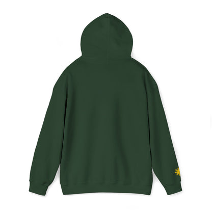 Philippines Graphic Hoodie — Minimal White Text with Gold Sun Sleeve Accent