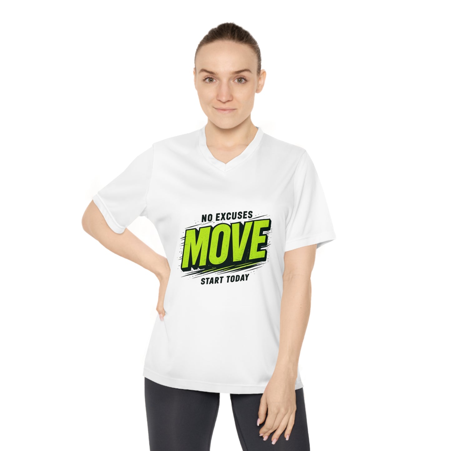 Move V-Neck Performance Tee – "No Excuses, Start Today" Motivational Workout Shirt