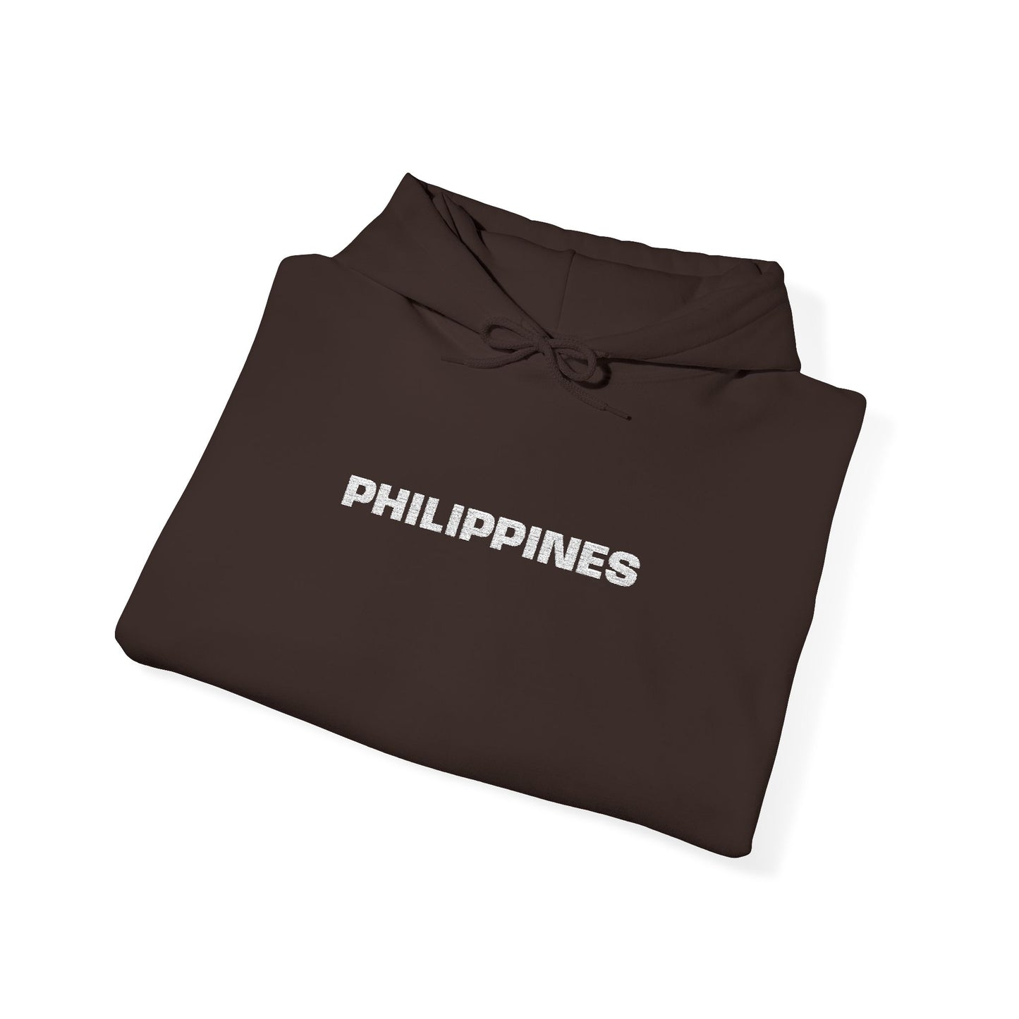 Philippines Graphic Hoodie — Minimal White Text with Gold Sun Sleeve Accent