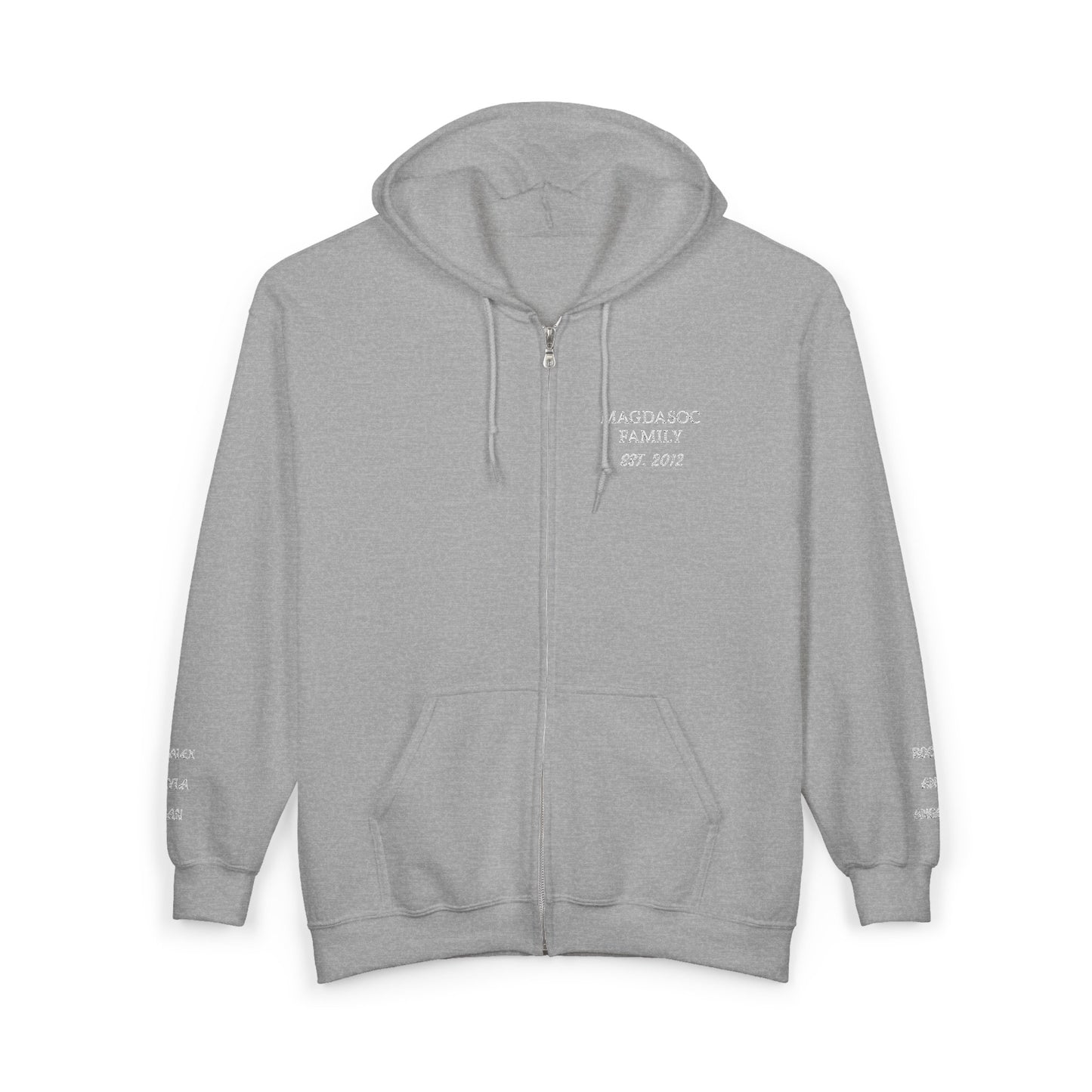 Embroidered Zip Hoodie - Personalized Ready, Designs in front, left and right wrist, and back  (Magdasoc Family with website at the back)