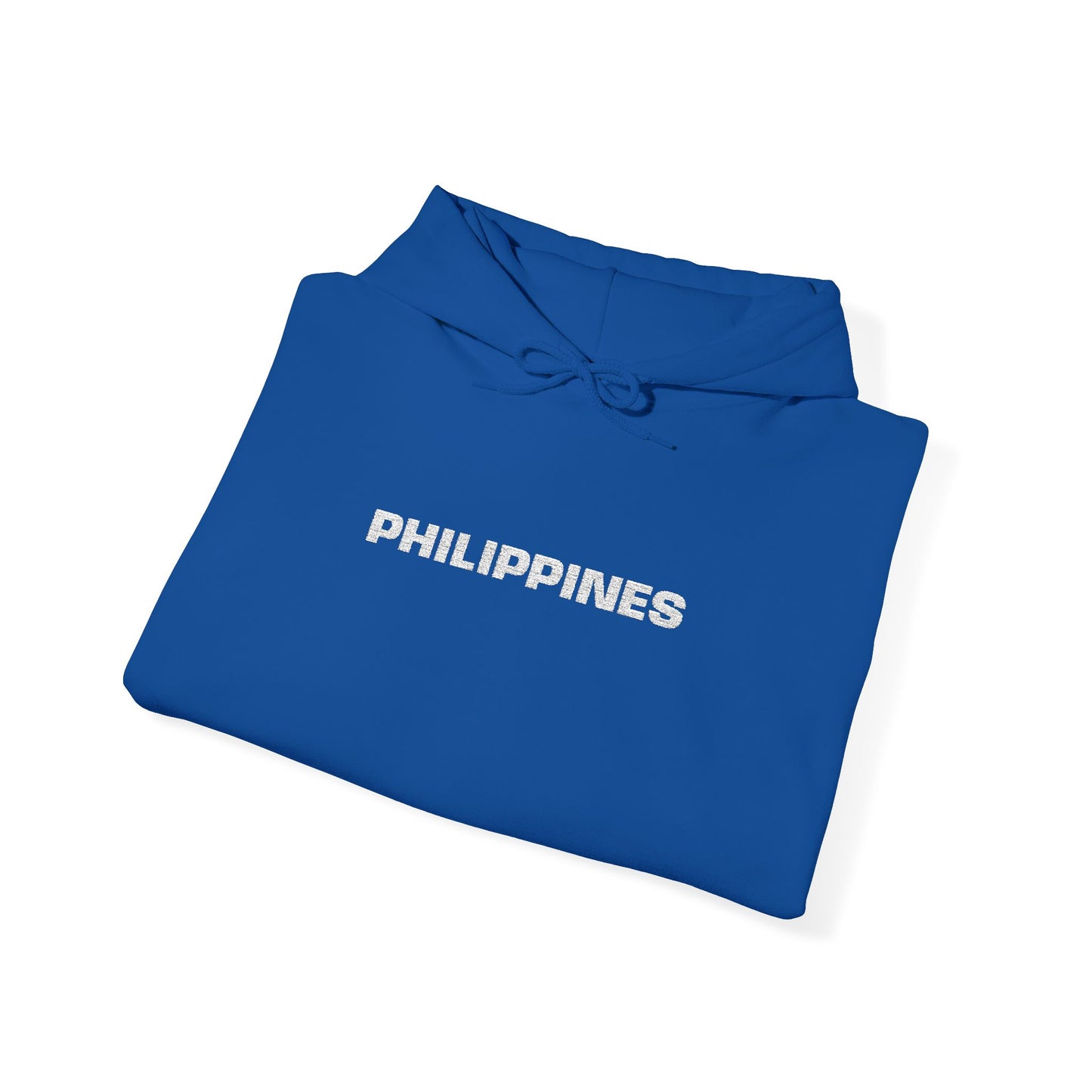 Philippines Graphic Hoodie — Minimal White Text with Gold Sun Sleeve Accent