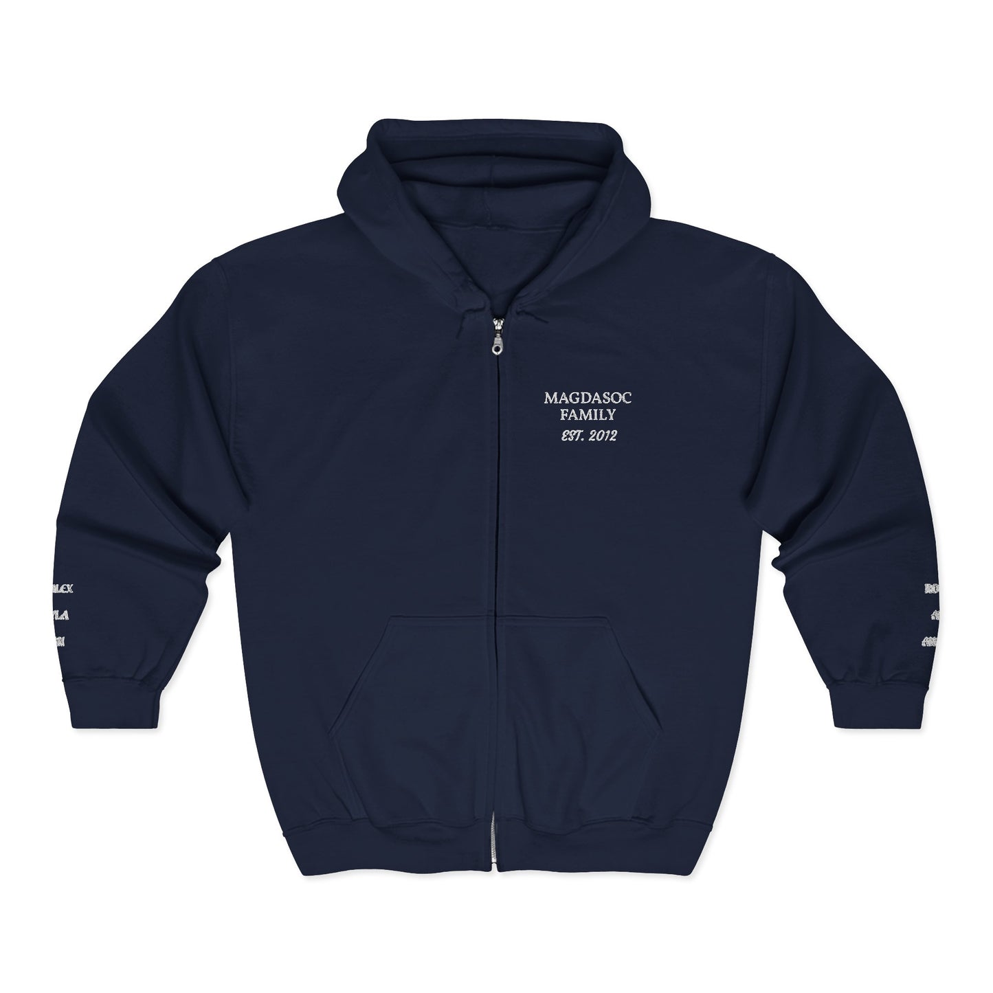 Embroidered Zip Hoodie - Personalized Ready, Designs in front, left and right wrist, and back  (Magdasoc Family with website at the back)
