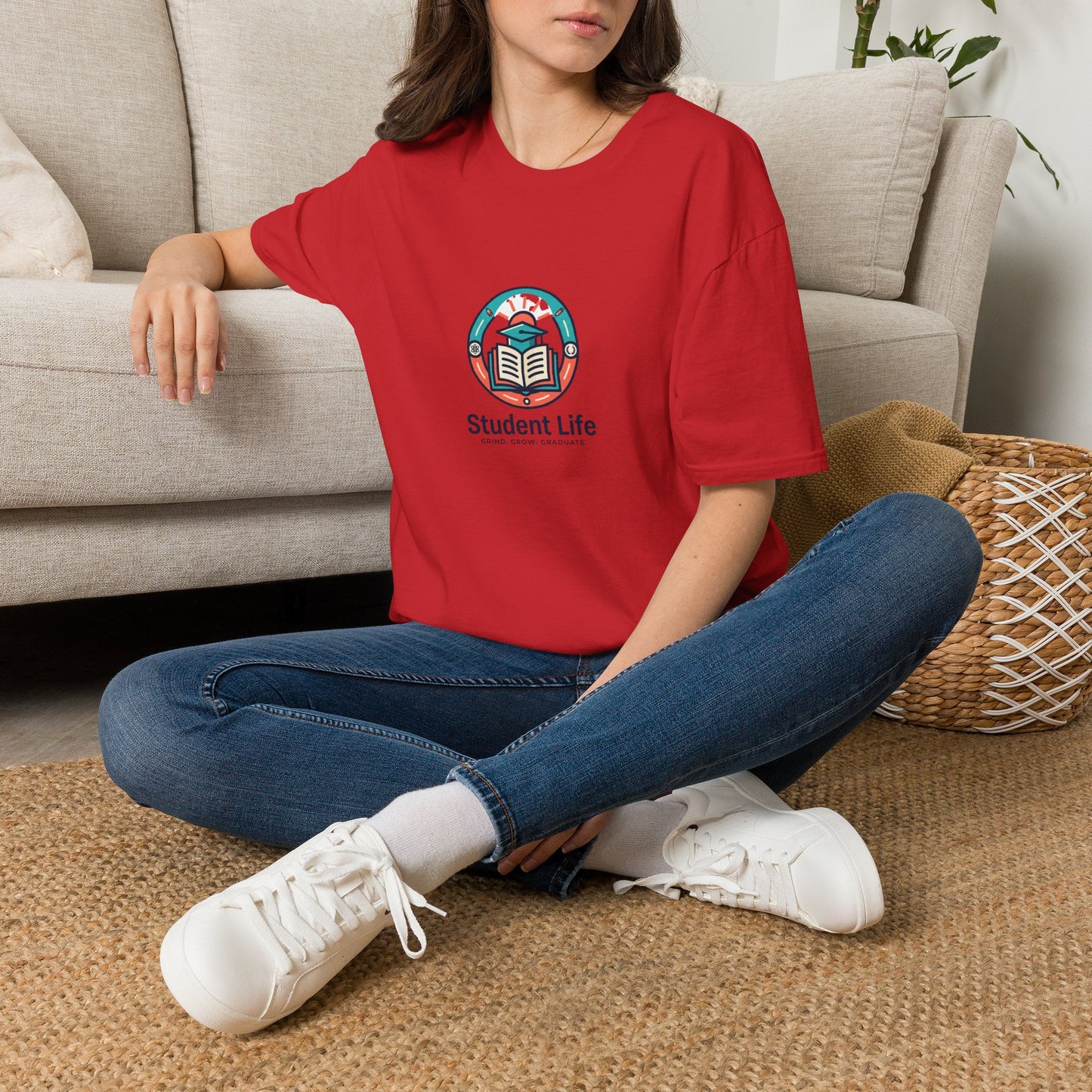 Student Life T-Shirt — Campus Book & Sunrise Design