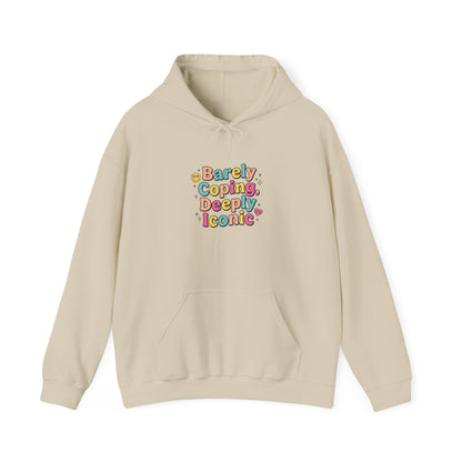Barely Coping Deceptively Iconic Hoodie | mental health humor, retro wavy text