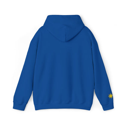 Philippines Graphic Hoodie — Minimal White Text with Gold Sun Sleeve Accent