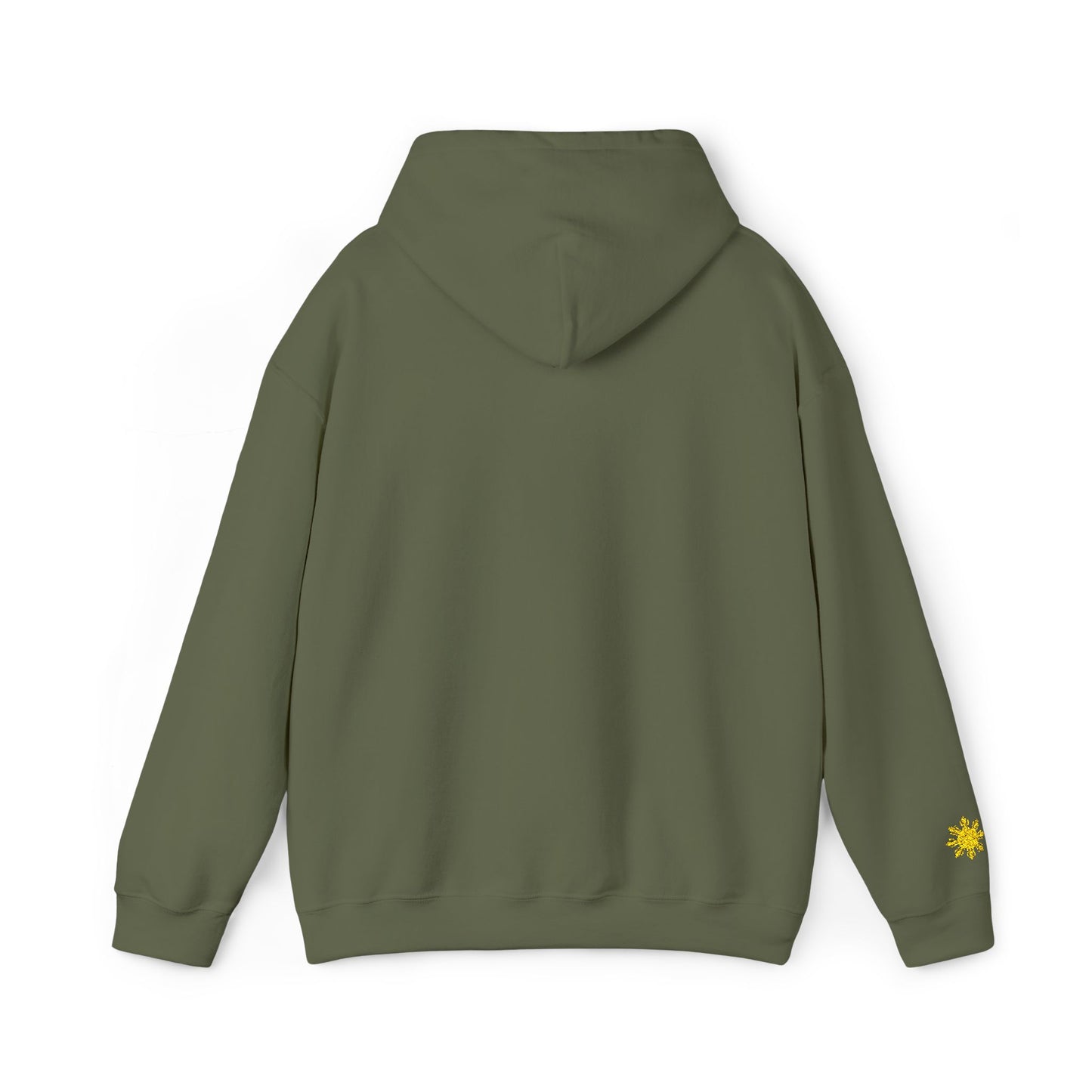 Philippines Graphic Hoodie — Minimal White Text with Gold Sun Sleeve Accent