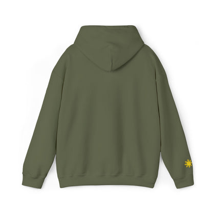 Philippines Graphic Hoodie — Minimal White Text with Gold Sun Sleeve Accent