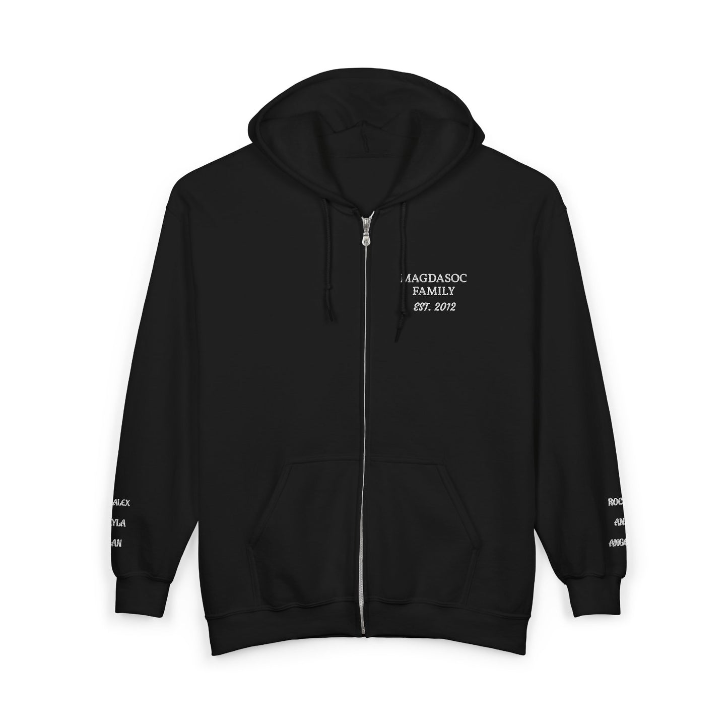 Embroidered Zip Hoodie - Personalized Ready, Designs in front, left and right wrist, and back  (Magdasoc Family with website at the back)