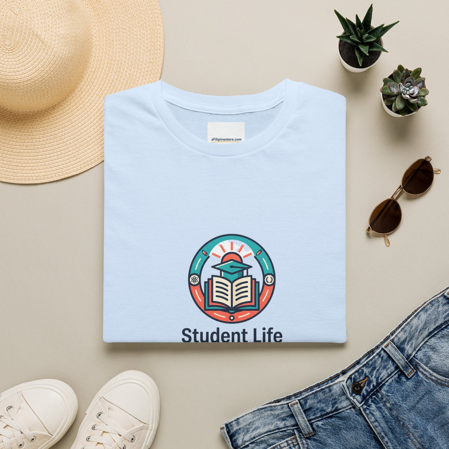 Student Life T-Shirt — Campus Book & Sunrise Design