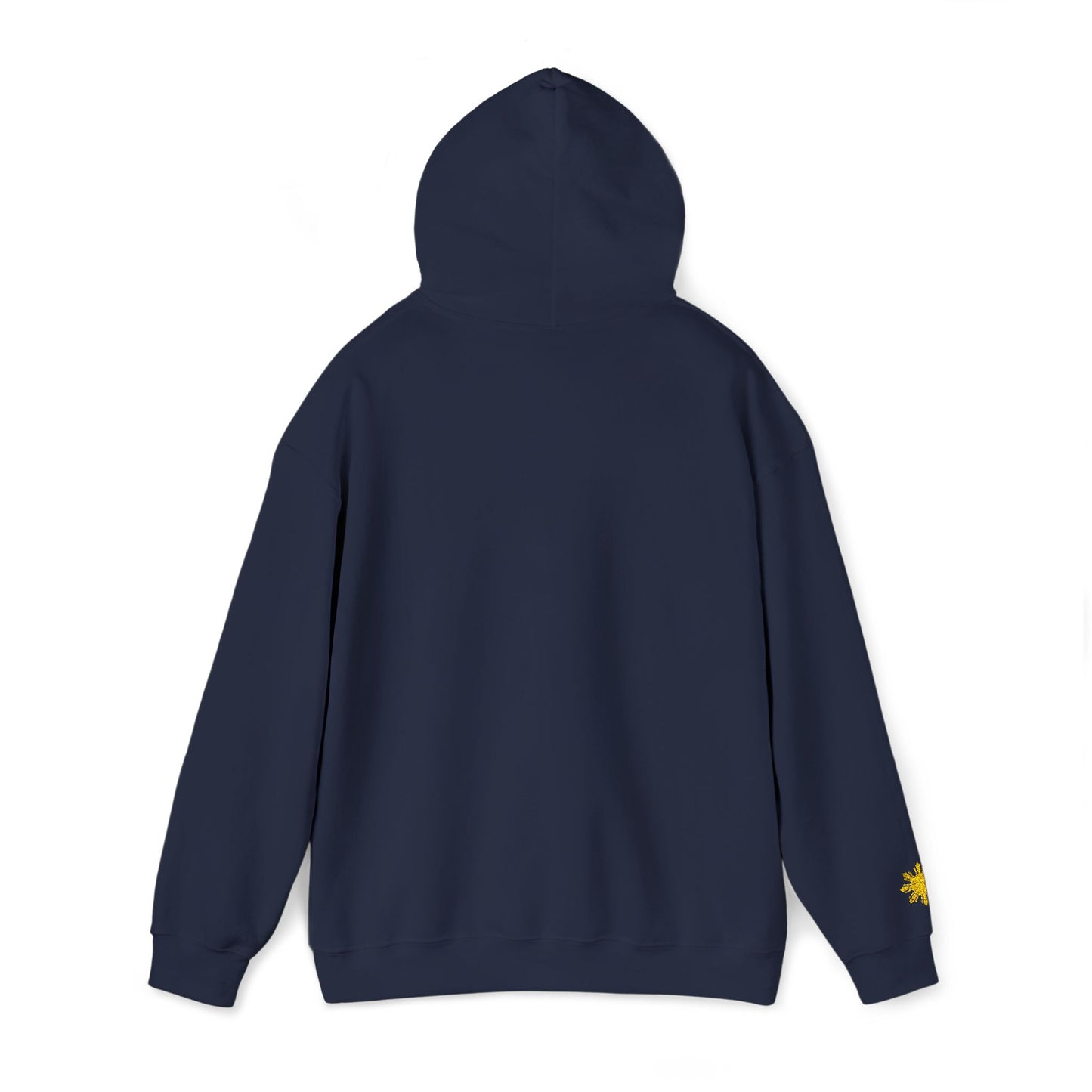Philippines Graphic Hoodie — Minimal White Text with Gold Sun Sleeve Accent
