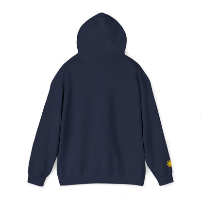 Philippines Graphic Hoodie — Minimal White Text with Gold Sun Sleeve Accent