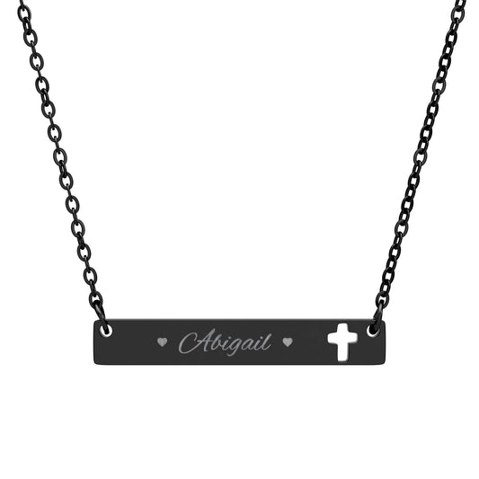 Engravable Cutout Cross Bar Necklace — Personalized Religious Bar Pendant