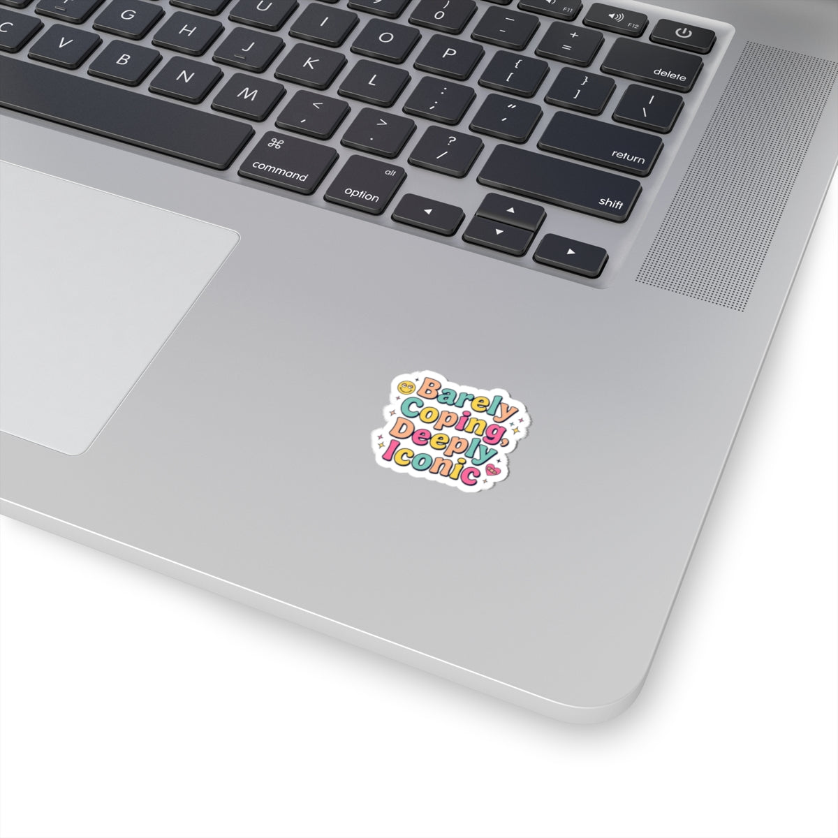 Barely Coping, Deeply Iconic Sticker | mental health humor, retro wavy text