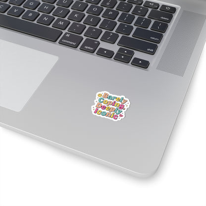 Barely Coping, Deeply Iconic Sticker | mental health humor, retro wavy text