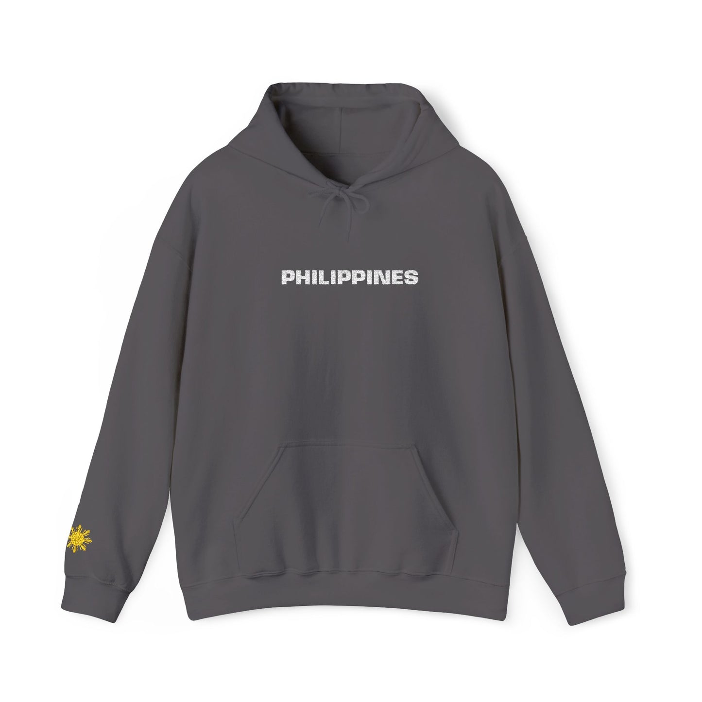 Philippines Graphic Hoodie — Minimal White Text with Gold Sun Sleeve Accent