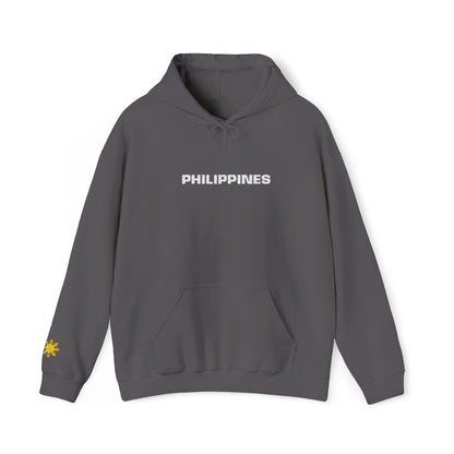 Philippines Graphic Hoodie — Minimal White Text with Gold Sun Sleeve Accent