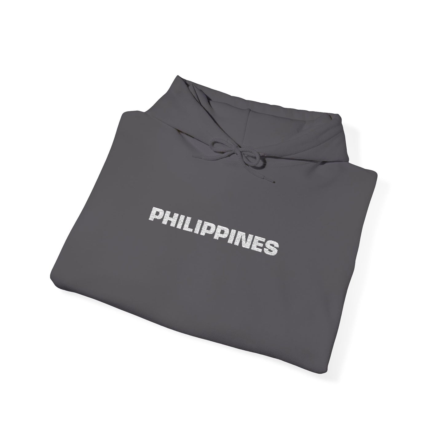 Philippines Graphic Hoodie — Minimal White Text with Gold Sun Sleeve Accent