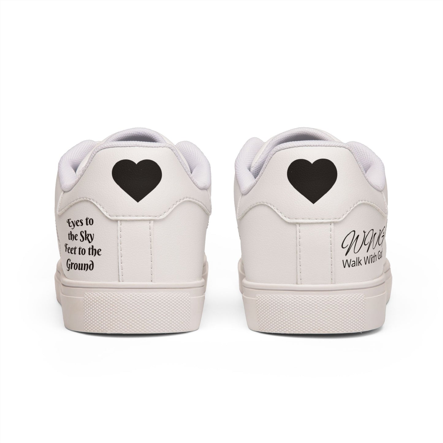 Low-Top Leather Sneakers — Minimal White Casual Trainers with 'Eyes in the Sky, Feet on the Ground' Text