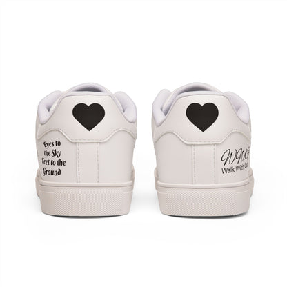 Low-Top Leather Sneakers — Minimal White Casual Trainers with 'Eyes in the Sky, Feet on the Ground' Text