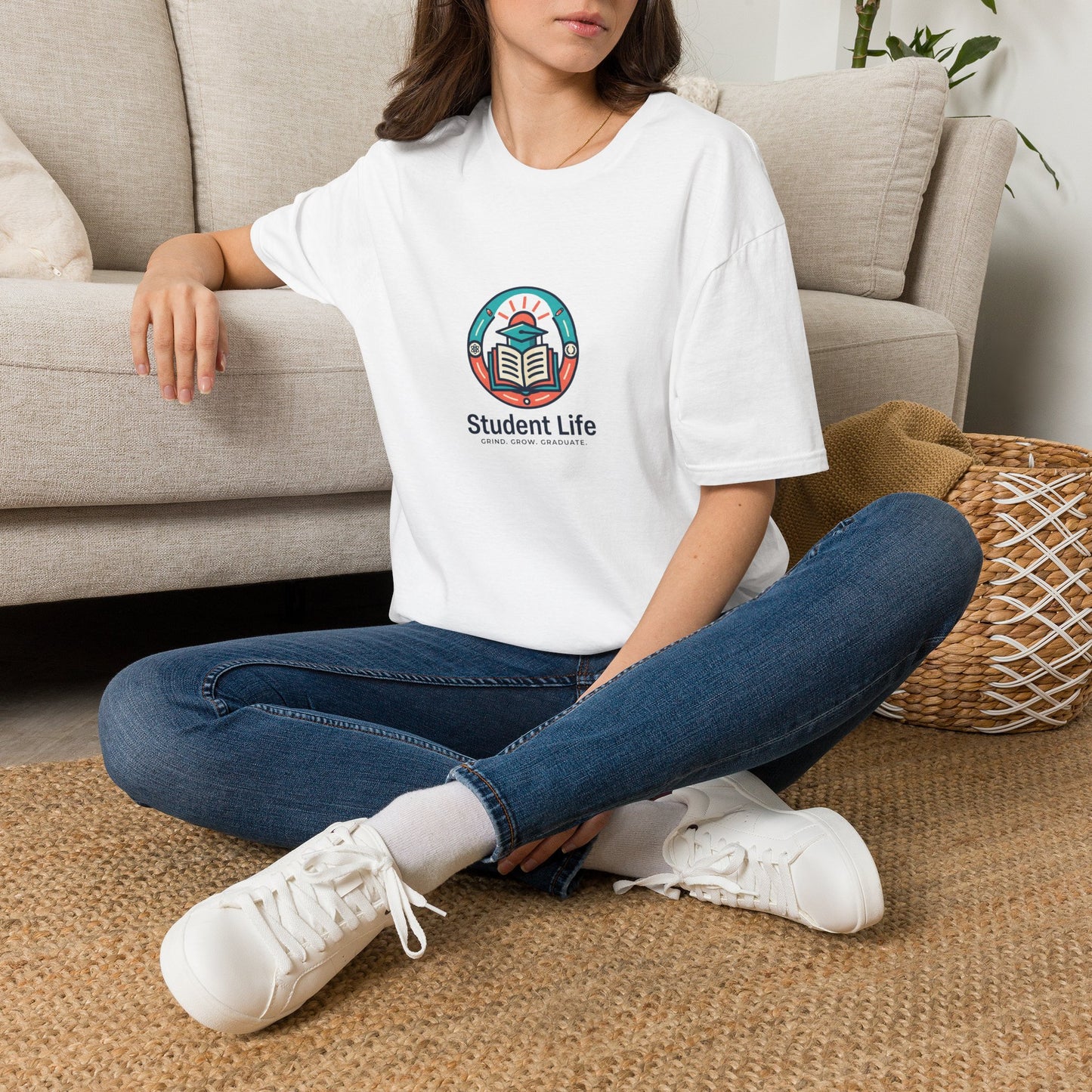 Student Life T-Shirt — Campus Book & Sunrise Design
