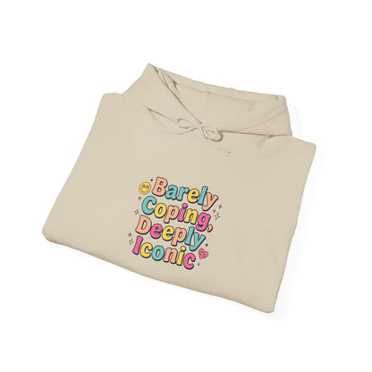 Barely Coping Deceptively Iconic Hoodie | mental health humor, retro wavy text