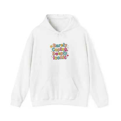 Barely Coping Deceptively Iconic Hoodie | mental health humor, retro wavy text