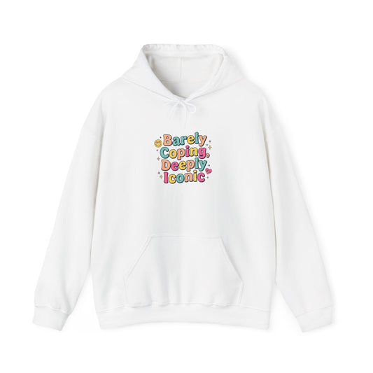 Barely Coping Deceptively Iconic Hoodie | mental health humor, retro wavy text