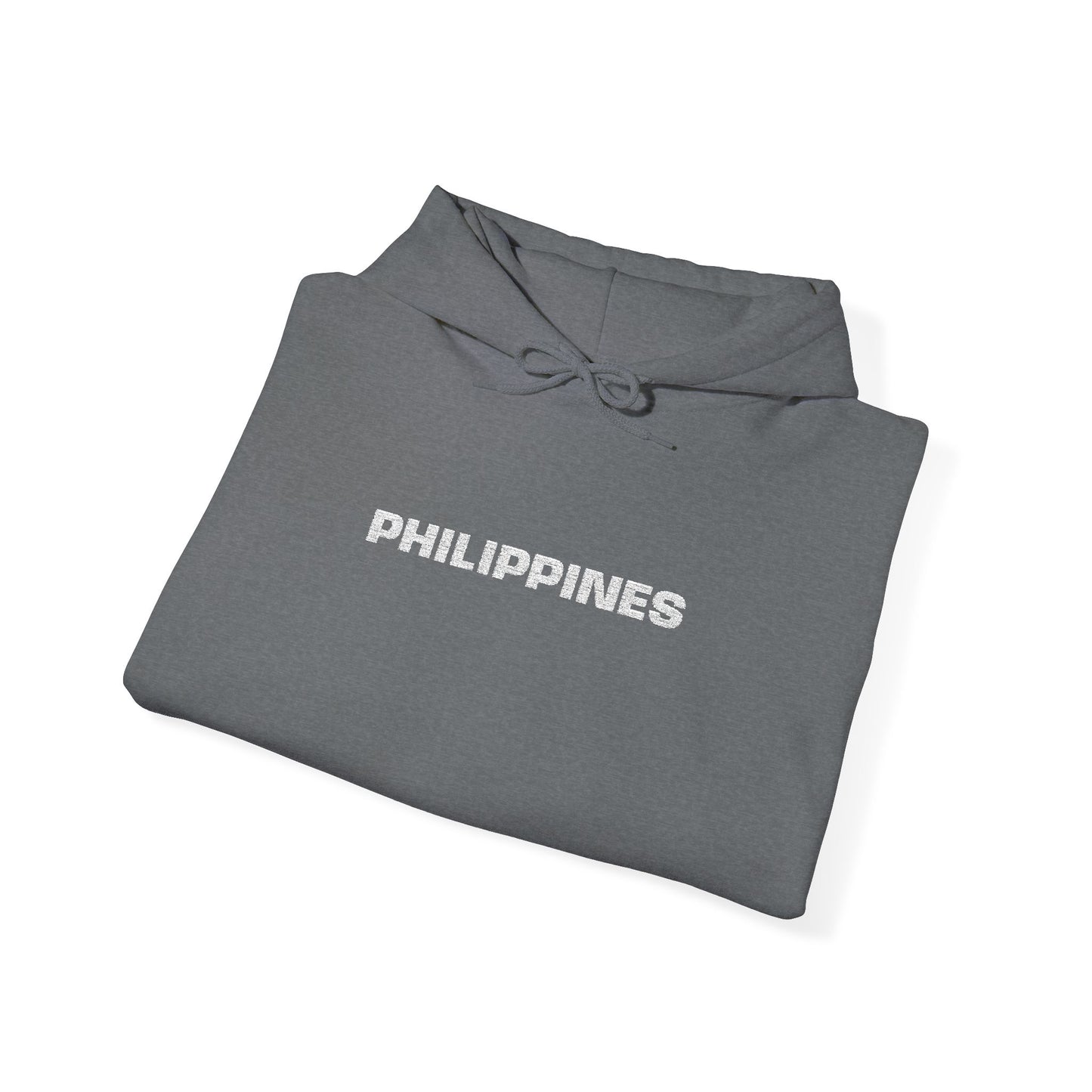 Philippines Graphic Hoodie — Minimal White Text with Gold Sun Sleeve Accent