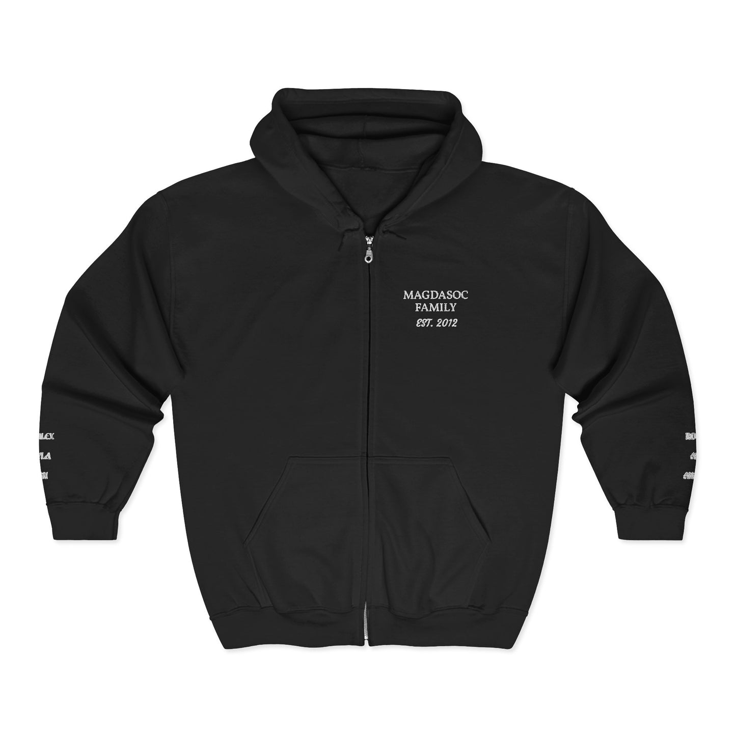 Embroidered Zip Hoodie - Personalized Ready, Designs in front, left and right wrist, and back  (Magdasoc Family with website at the back)