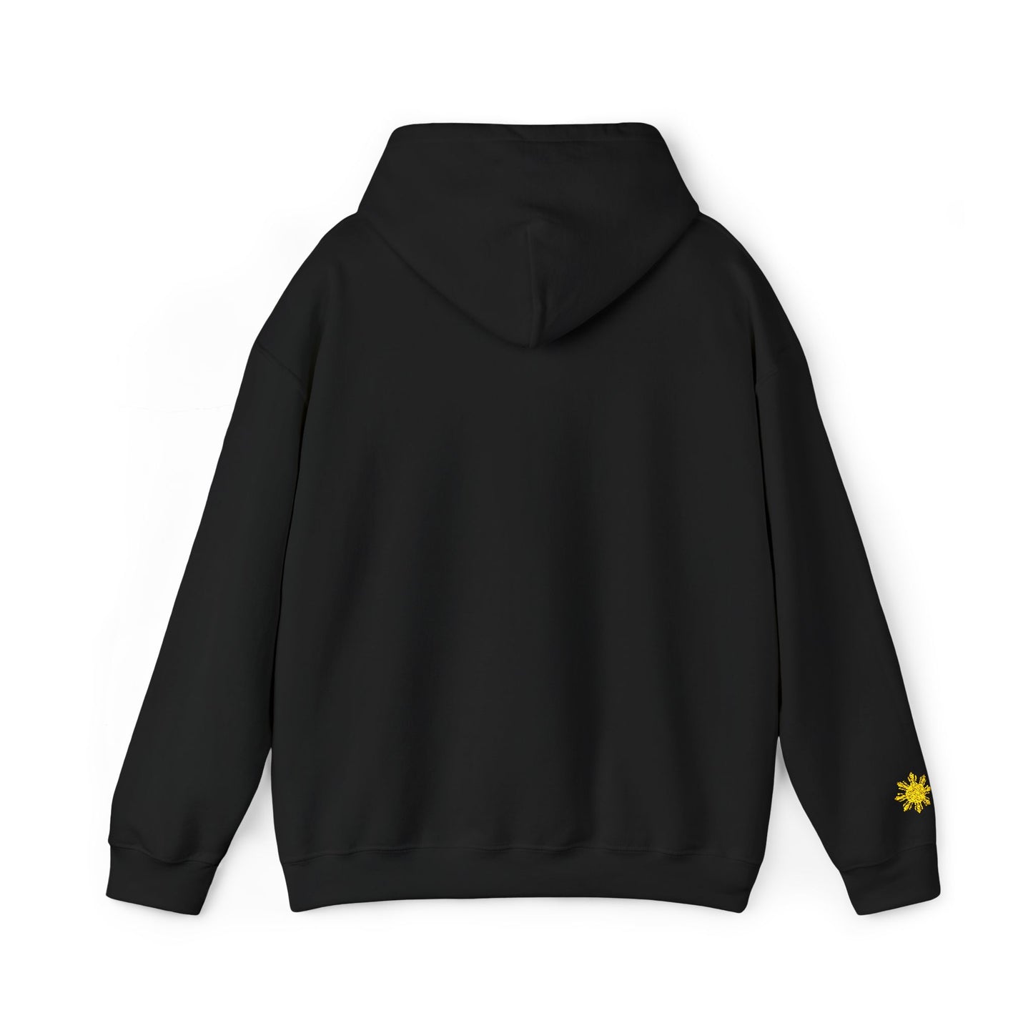 Philippines Graphic Hoodie — Minimal White Text with Gold Sun Sleeve Accent