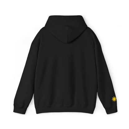 Philippines Graphic Hoodie — Minimal White Text with Gold Sun Sleeve Accent