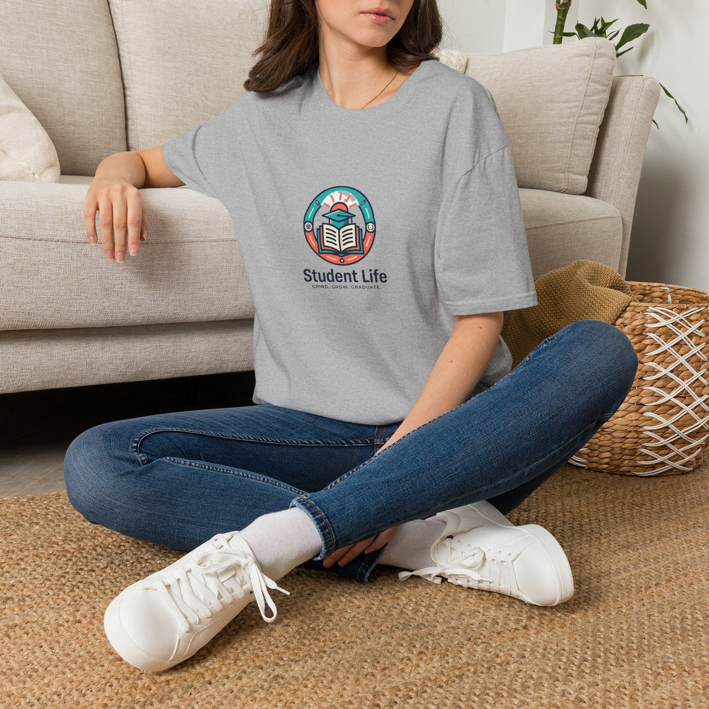 Student Life T-Shirt — Campus Book & Sunrise Design