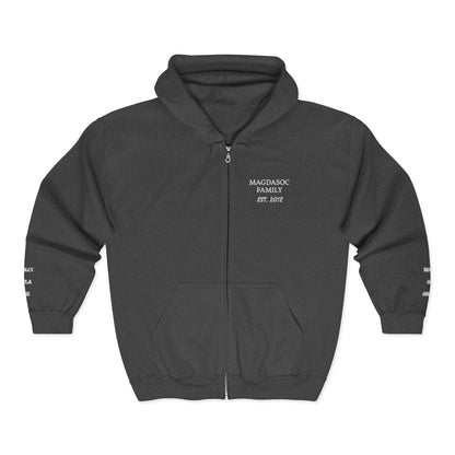 Embroidered Zip Hoodie - Personalized Ready, Designs in front, left and right wrist, and back  (Magdasoc Family with website at the back)