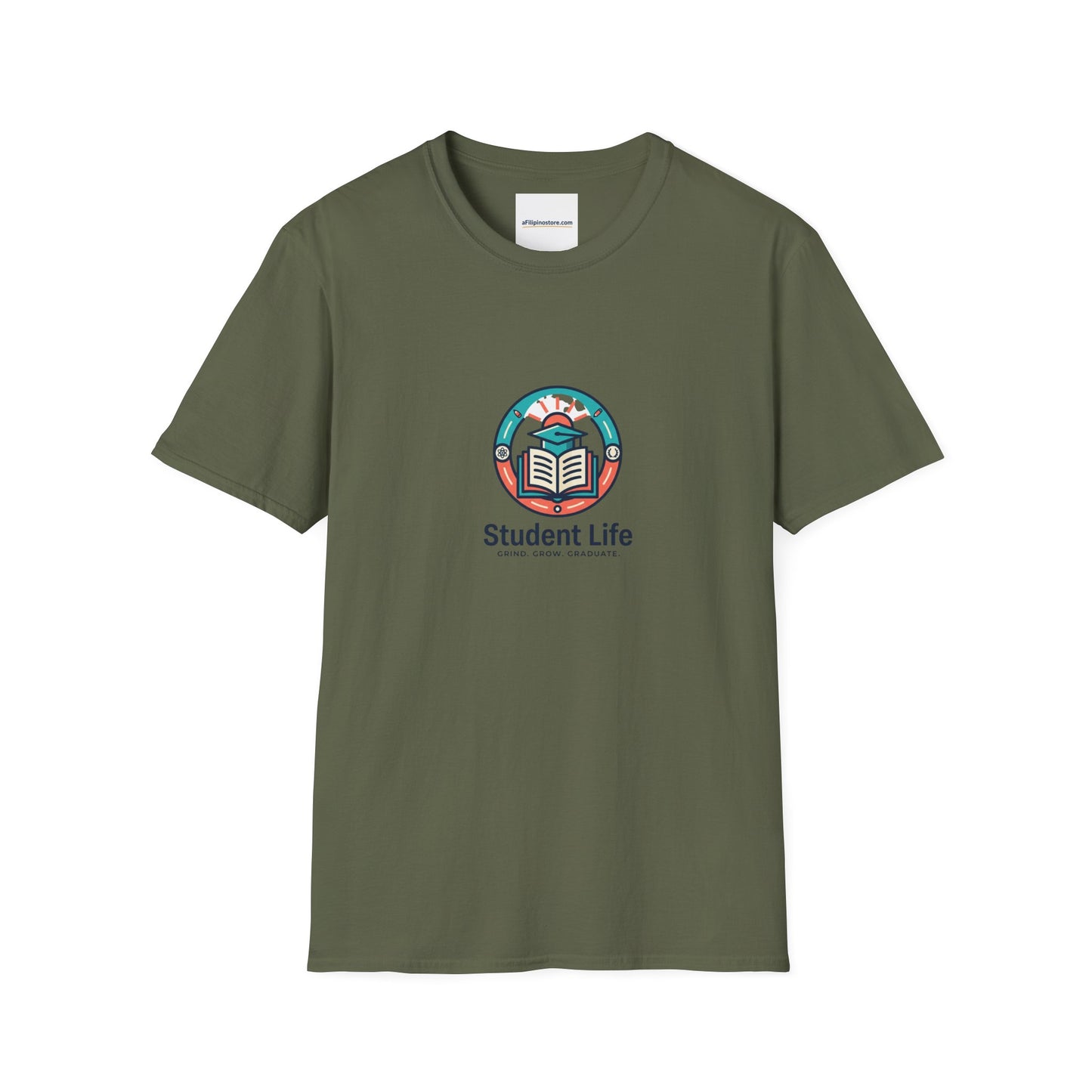 Student Life T-Shirt — Campus Book & Sunrise Design