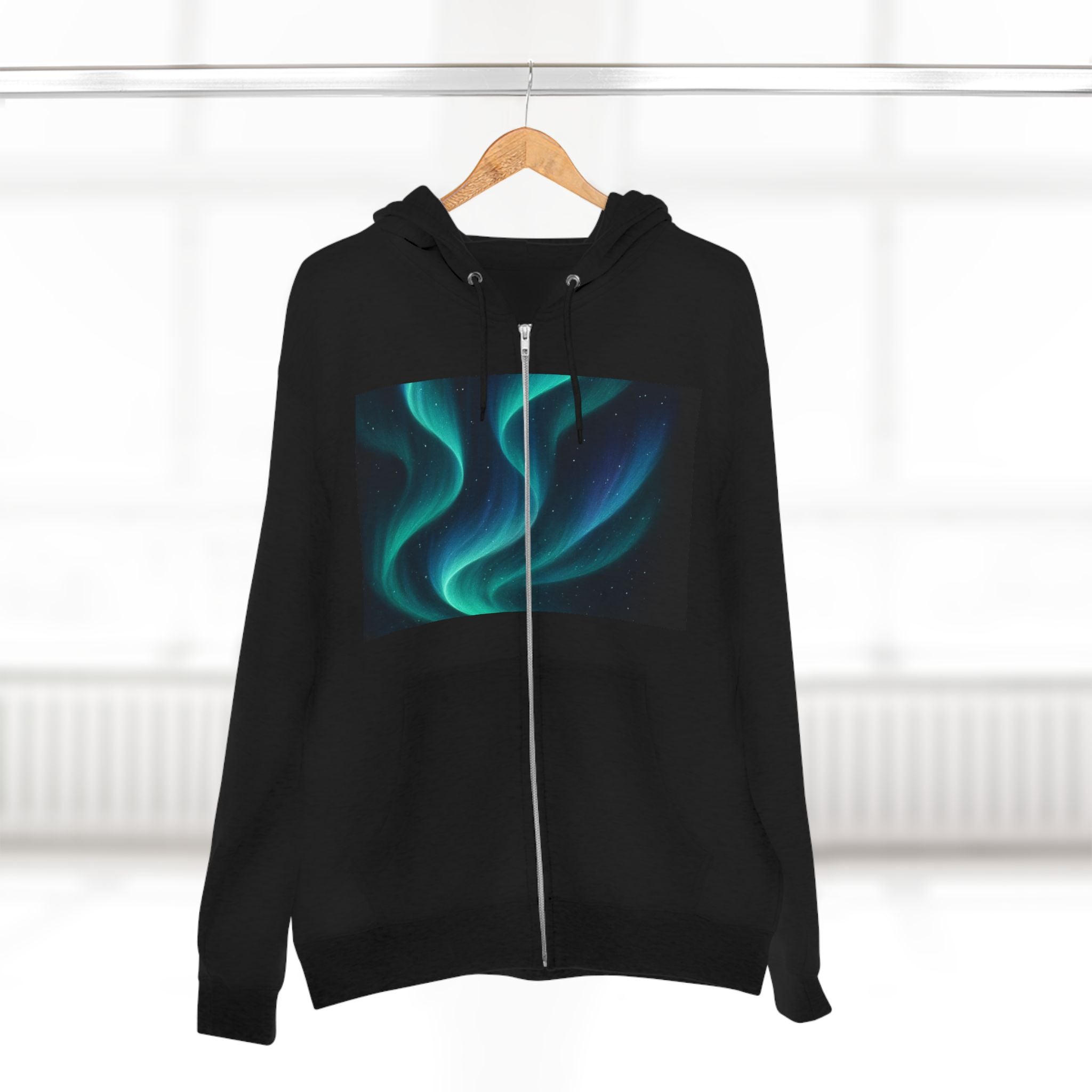Aurora Wave Zip Hoodie — Northern Lights Abstract Graphic Hoodie