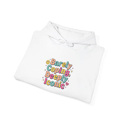 Barely Coping Deceptively Iconic Hoodie | mental health humor, retro wavy text