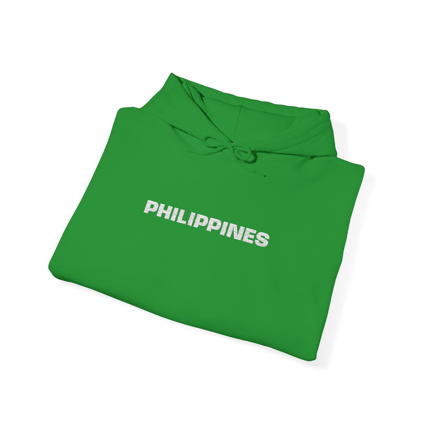 Philippines Graphic Hoodie — Minimal White Text with Gold Sun Sleeve Accent
