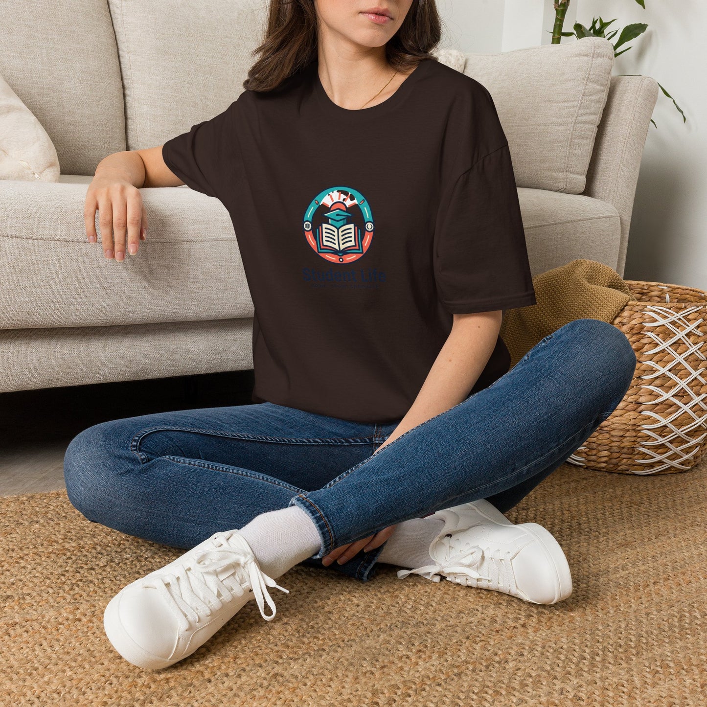 Student Life T-Shirt — Campus Book & Sunrise Design